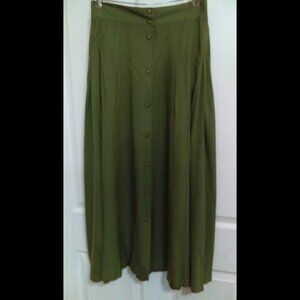 Vintage Rayon Button-Front Skirt Pleats Olive Green  Flowy Hunters Run Size 8